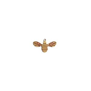 May include: A wooden bee charm with brown and yellow stripes. The bee has a small loop at the top for attaching to a necklace or bracelet.