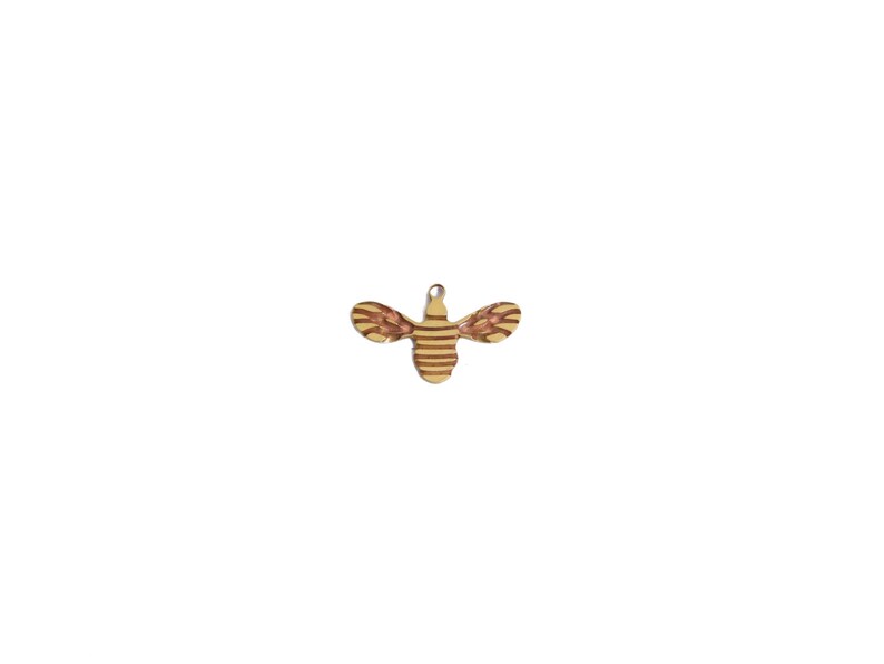 May include: A wooden bee charm with brown and yellow stripes. The bee has a small loop at the top for attaching to a necklace or bracelet.