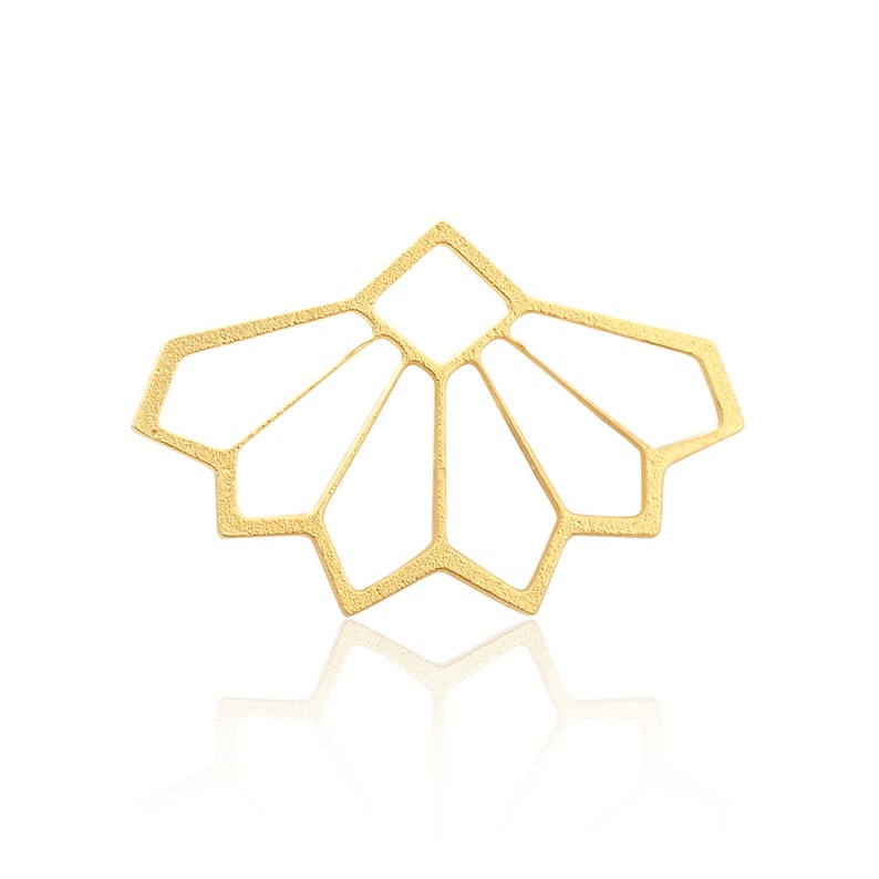 May include: Gold geometric earring with a fan-shaped design.