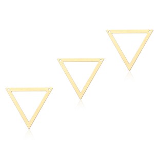 May include: Three gold triangle shapes with holes in the corners. The triangles are arranged in a descending size order from top to bottom.