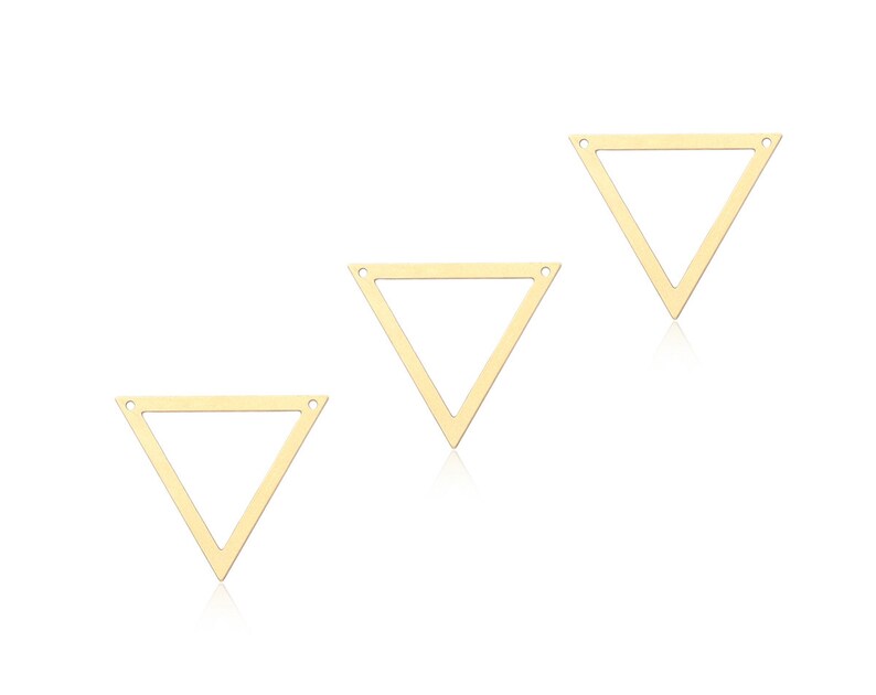 May include: Three gold triangle shapes with holes in the corners. The triangles are arranged in a descending size order from top to bottom.