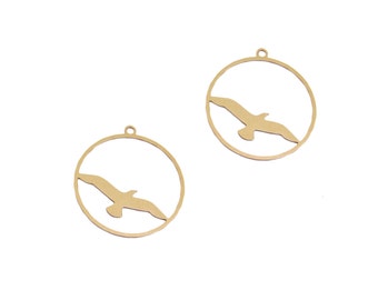 2 Pcs, SALE, Raw Brass Bird Pendant, Brass Seagull Charm, Flying Bird Pendant, Bird Circle Charm, Laser Cut Jewelry, Flying Seagull Pendant