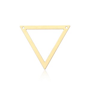 May include: A gold triangle pendant with a hollow center. The pendant has two small holes at the top for attaching a chain.