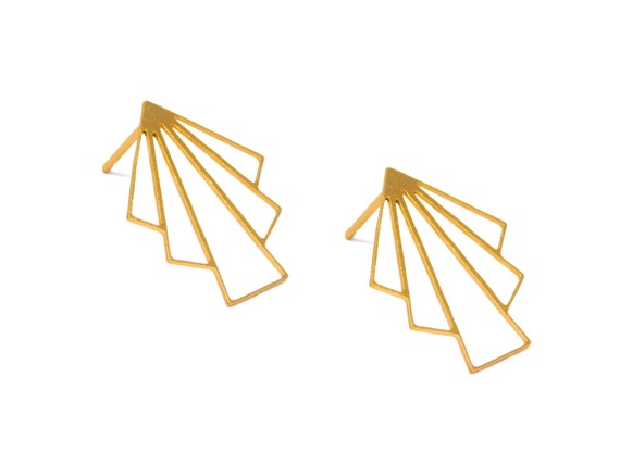 Gold Art Deco Earrings, Gold Stud Earrings, Art Deco Studs, Fan Earrings, Geometric Earrings, Geometric Jewelry, Art Deco Jewelry, Wholesale