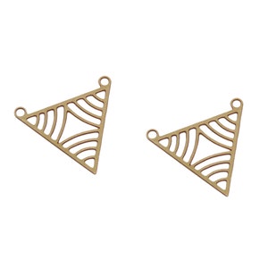 May include: Two gold-toned metal triangle pendant charms with a geometric pattern. The charms have two loops at the top for attaching to jewelry.