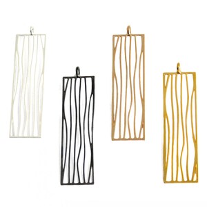 May include: Four rectangular pendants with a wavy, openwork design. The pendants are in silver, black, rose gold, and gold colors. Each pendant has a small loop at the top for hanging. The pendants are displayed against a white background.
