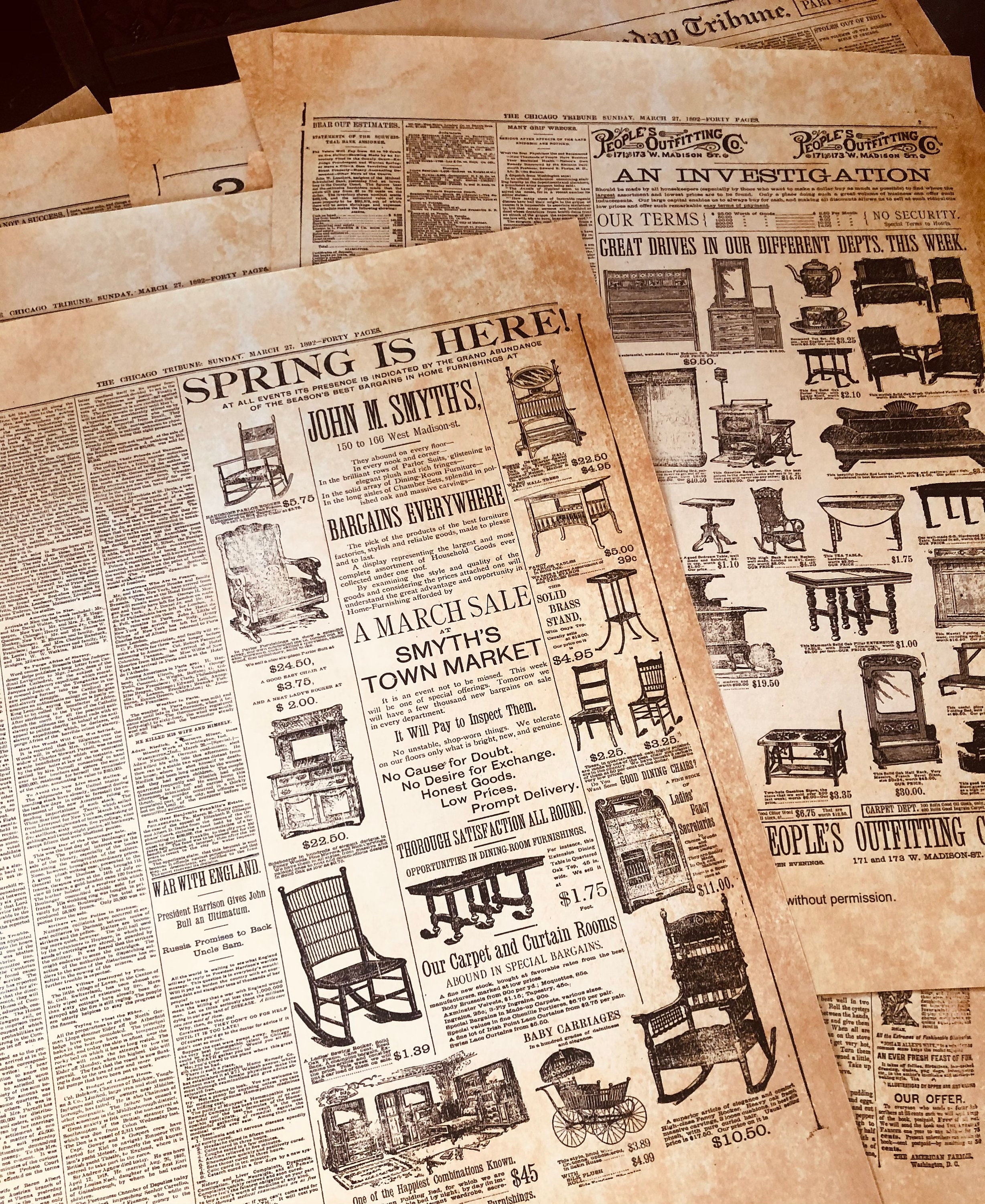 20 Page Antique Historical Newspaper Ads Print on Parchment Craft