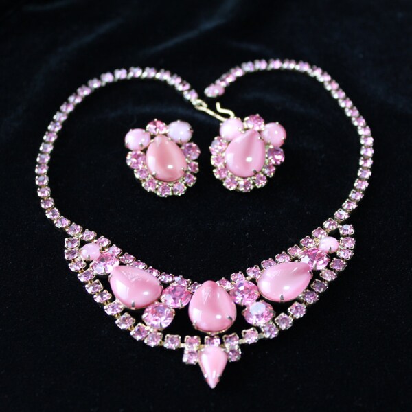 Juliana D & E Style Pink Satin Moonstone Rhinestone Necklace Earrings Demi Parure Vintage