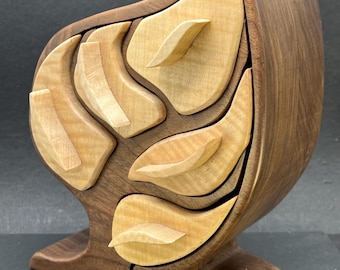 Leaf Jewlery Box with Three Hidden Drawers in Walnut and Curly Maple (Box 3079)