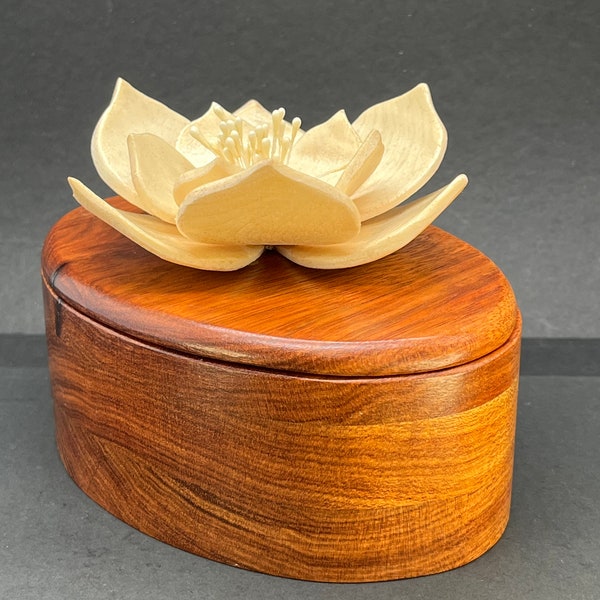 Bloodwood Oval Jewelry Box with Beautiful Magnolia Flower