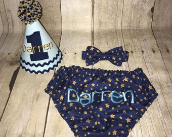 Boys First Birthday Outfit - Boys Cake Smash Outfit - Twinkle Twinkle Little Star - Diaper Cover, Bow Tie & Birthday Hat -  First 1st