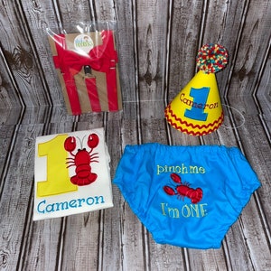 Crawfish Boys First Birthday Outfit, Pinch Me Im One, Cake Smash Outfit, Seersucker and Gingham, Crayfish, Lobster image 3