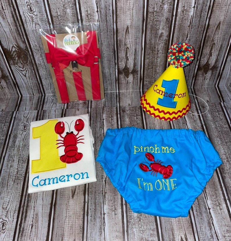 Crawfish Boys First Birthday Outfit, Pinch Me Im One, Cake Smash Outfit, Seersucker and Gingham, Crayfish, Lobster image 3