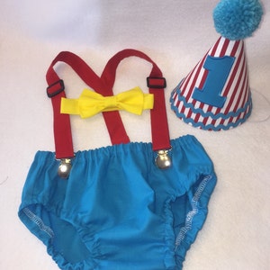 Boys Cake Smash Outfit, Circus Birthday Outfit, Carnival Birthday Outfit, Diaper Cover Bow Tie Suspenders Birthday Hat, First Birthday image 4