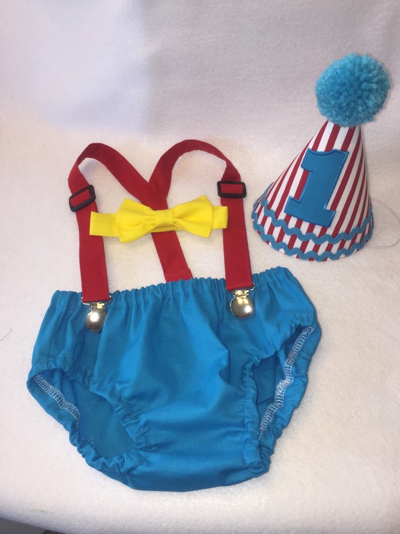 Boys Cake Smash Outfit, Circus Birthday Outfit, Carnival Birthday Outfit, Diaper Cover Bow Tie Suspenders Birthday Hat, First Birthday image 4