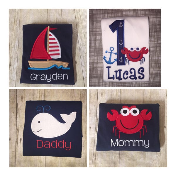 Nautical Shirt - Crab Whale Sailboat Anchor - Birthday Shirt - Embroidered Shirt - Boys Birthday Shirt - Mommy Daddy Shirt - First Birthday