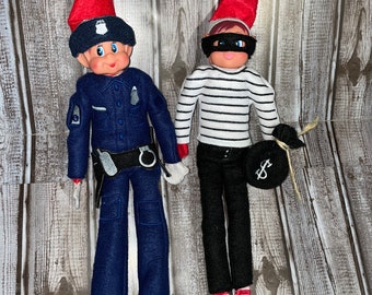 Cops and Robbers Elf Costumes, Elf Outfits, Doll Outfits, Christmas Elf Costume, cop elf outfit, elf sweater, burglar elf, for Christmas elf