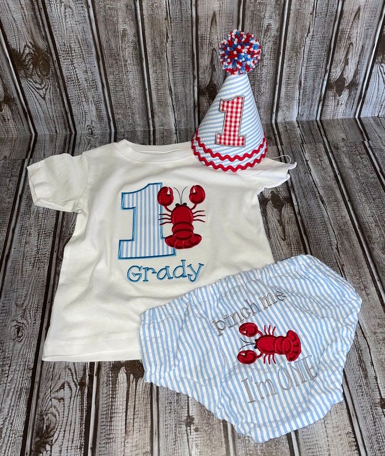 Crawfish Boys First Birthday Outfit, Pinch Me Im One, Cake Smash Outfit, Seersucker and Gingham, Crayfish, Lobster image 5