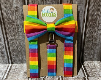 Rainbow Suspenders and Bow Tie, suspenders for baby, for child, for adult, rainbow stripe suspenders, bowtie for wedding, for birthday pride