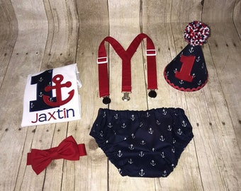 Boys Cake Smash Outfit, Anchors Nautical Party, Diaper Cover, Bow Tie, Suspenders, Hat, Shirt, 1st Birthday outfit for boy, for birthday