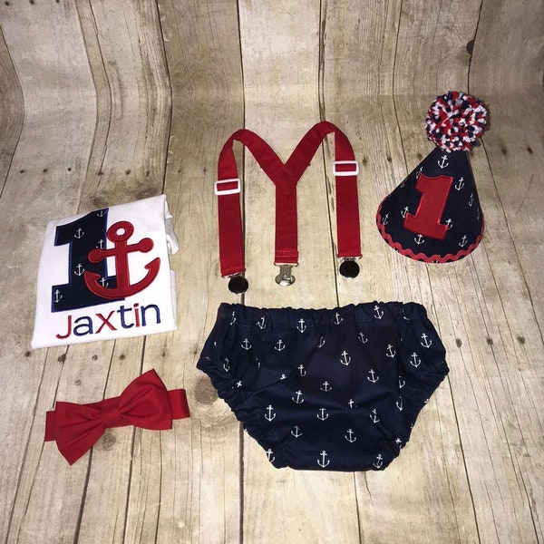 Boys Cake Smash Outfit, Anchors Nautical Party, Diaper Cover, Bow Tie, Suspenders, Hat, Shirt, 1st Birthday outfit for boy, for birthday