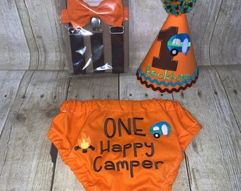 Boys Cake Smash Outfit, One Happy Camper, Camping First Birthday, Diaper Cover, Bow Tie, Suspenders, Hat, Shirt for 1st Birthday, for boy