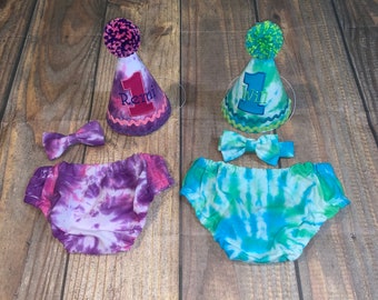 Custom Made Tie-Dye Birthday Outfit, Tie Dye Diaper Cover, Bow Tie, Hair Bow, Embroidered Hat - First Birthday Outfit, Birthday Outfit