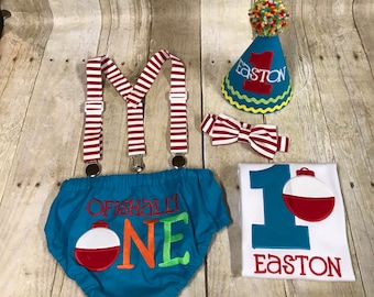 Boys Cake Smash Outfit - Fishing Party - Ofishally One - The Big One - Diaper Cover, Bow Tie & Hat - Shirt - Bobber - First 1st Birthday