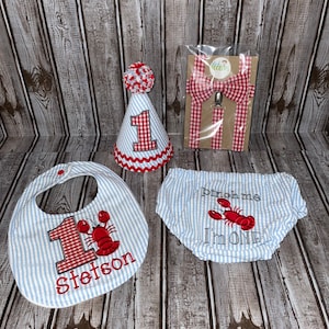 Crawfish Boys First Birthday Outfit, Pinch Me I’m One, Cake Smash Outfit, Stripe and Gingham, Crayfish, Lobster