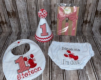 Crawfish Boys First Birthday Outfit, Pinch Me I’m One, Cake Smash Outfit, Stripe and Gingham, Crayfish, Lobster
