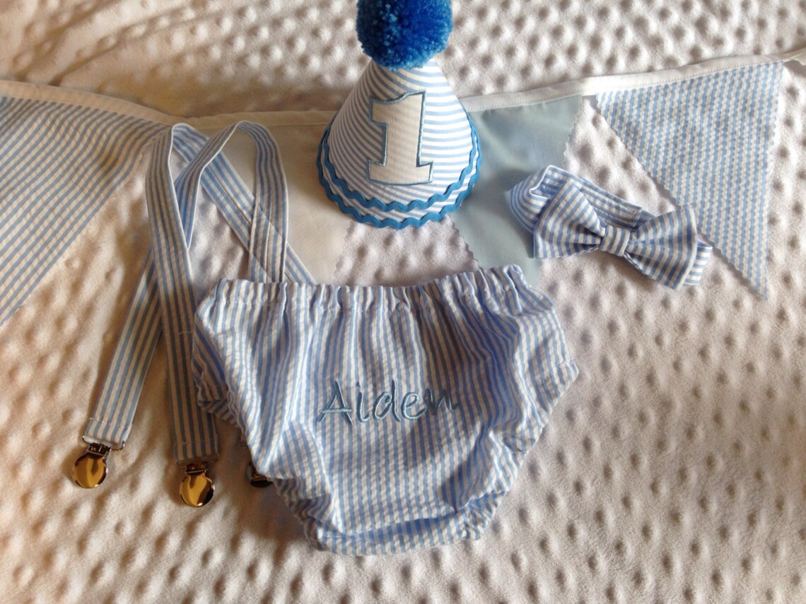 Boys Cake Smash Outfit Blue Seersucker Stripe Diaper | Etsy