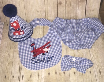 Boys Cake Smash Outfit, Airplane, Gingham, Vintage Airplane Diaper Cover, Bow Tie & Birthday Hat, Boys Birthday Outfit for 1st Birthday