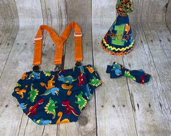 Dinosaur Cake Smash Outfit, Dinosaur First Birthday Outfit, Diaper Cover, Bow Tie & Birthday Hat, Outfit for 1st Birthday