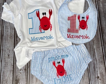 Crab Boys First Birthday Outfit, Pinch Me I’m One, Cake Smash Outfit, Seersucker and Gingham, custom, personalized for first birthday