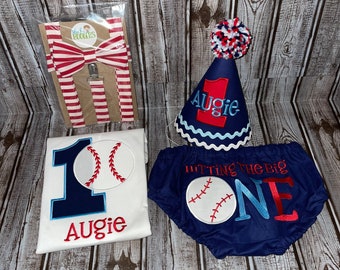 Boys Cake Smash Outfit, Baseball, Hitting The Big One  Diaper Cover, Bow Tie &  Suspenders, Hat  Shirt - Embroidered, First 1st Birthday
