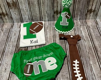 Football Cake Smash Outfit – Embroidered Diaper Cover, Tie & Birthday Hat