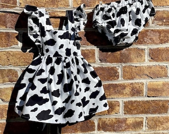 Girl's Birthday Dress with Tied Bow Back and Ruffle Sleeves, Embroidered Age, Cow Print, Farm Theme