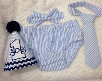Boys Cake Smash Outfit, Blue Seersucker Stripe Birthday Outfit, Diaper Cover, Bow Tie & Birthday Hat, Boys Birthday Outfit, For 1st Birthday