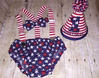 Boys Cake Smash Outfit, First Birthday Outfit, Patriotic 4th of July, Red White and Blue, Stars and Stripes, Personalized, American, for 1st