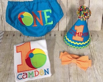 Boys Cake Smash Outfit, Beach Ball Birthday, Have a Ball, Beach Ball Diaper Cover, Beach Ball Birthday Hat,  First 1st Birthday, Pool Party