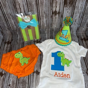 Boys Dinosaur Cake Smash Outfit, Diaper Cover, Bow Tie , Birthday Hat & Personalized Dinosaur Shirt - First 1st Birthday, Rawr