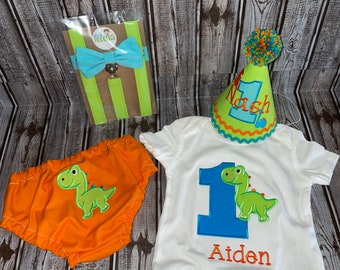 Boys Dinosaur Cake Smash Outfit, Diaper Cover, Bow Tie , Birthday Hat & Personalized Dinosaur Shirt - First 1st Birthday, Rawr