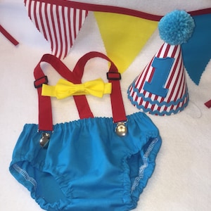 Boys Cake Smash Outfit, Circus Birthday Outfit, Carnival Birthday Outfit, Diaper Cover Bow Tie Suspenders Birthday Hat, First Birthday