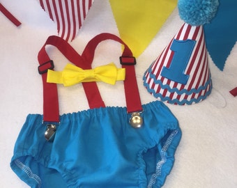 Boys Cake Smash Outfit, Circus Birthday Outfit, Carnival Birthday Outfit, Diaper Cover Bow Tie Suspenders Birthday Hat, First Birthday