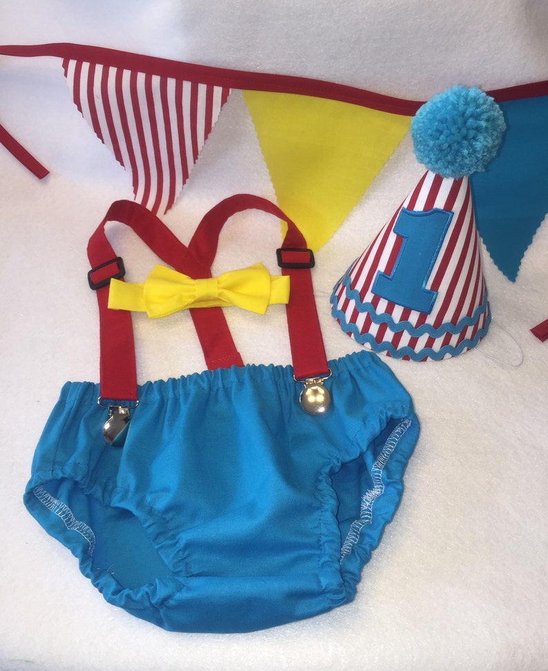 Boys Cake Smash Outfit, Circus Birthday Outfit, Carnival Birthday Outfit, Diaper Cover Bow Tie Suspenders Birthday Hat, First Birthday image 1