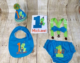 Boys First Birthday Outfit - Dinosaur Party - Diaper Cover, Bow Tie &  Hat - Shirt Suspenders - 1st Birthday - Cake Smash Outfit