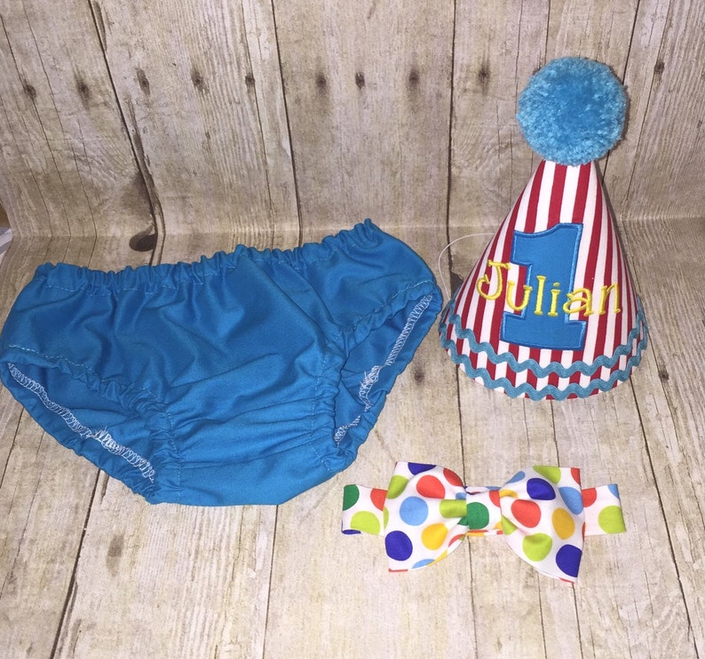 Boys Cake Smash Outfit, Circus Birthday Outfit, Carnival Birthday Outfit, Diaper Cover Bow Tie Suspenders Birthday Hat, First Birthday image 2