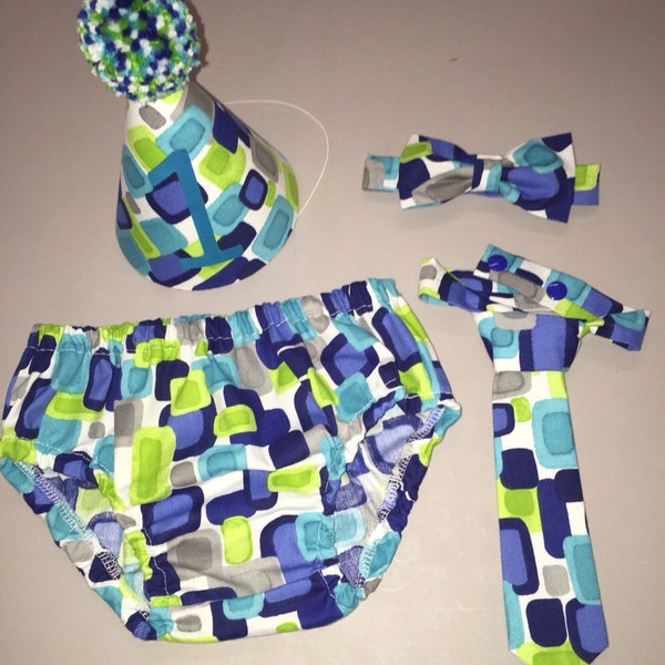 Boys Cake Smash Outfit - Blue Green Squares - Diaper Cover, Tie & Birthday Hat - Birthday Set - First Birthday