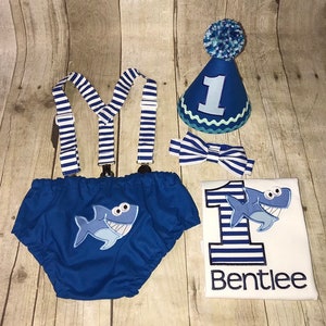 Shark Birthday Outfit - Shark Boys Cake Smash Outfit - Shark Party - Diaper Cover, Bow Tie &  Hat - Shirt Suspenders - First 1st Birthday