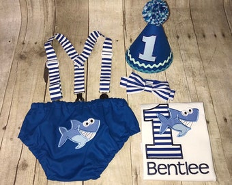 Shark Birthday Outfit - Shark Boys Cake Smash Outfit - Shark Party - Diaper Cover, Bow Tie &  Hat - Shirt Suspenders - First 1st Birthday